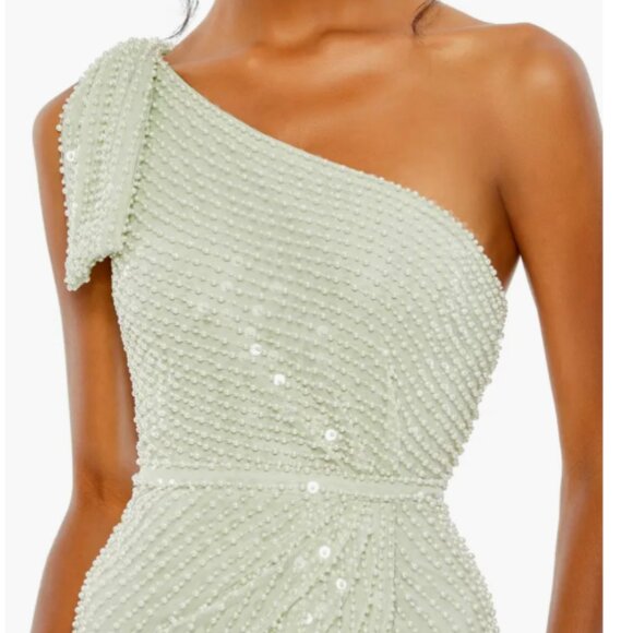MAC DUGGAL 93735 PEARL EMBELLISHED SOFT TIE ONE SHOULDER MINT GOWN sz 0 - Picture 2 of 3